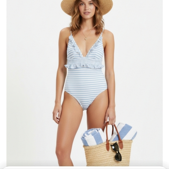 J. Crew Other - J. Crew Ruffle Plunging  Blue and White Striped Women's One Piece Swimsuit